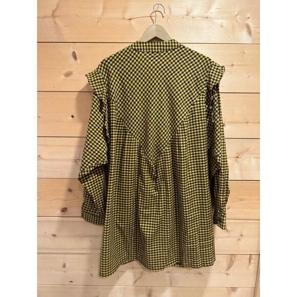 Topshop Textured Check Ruffle Mini Shirt Dress Mustard Sz 14 EUC - Picture 10 of 13